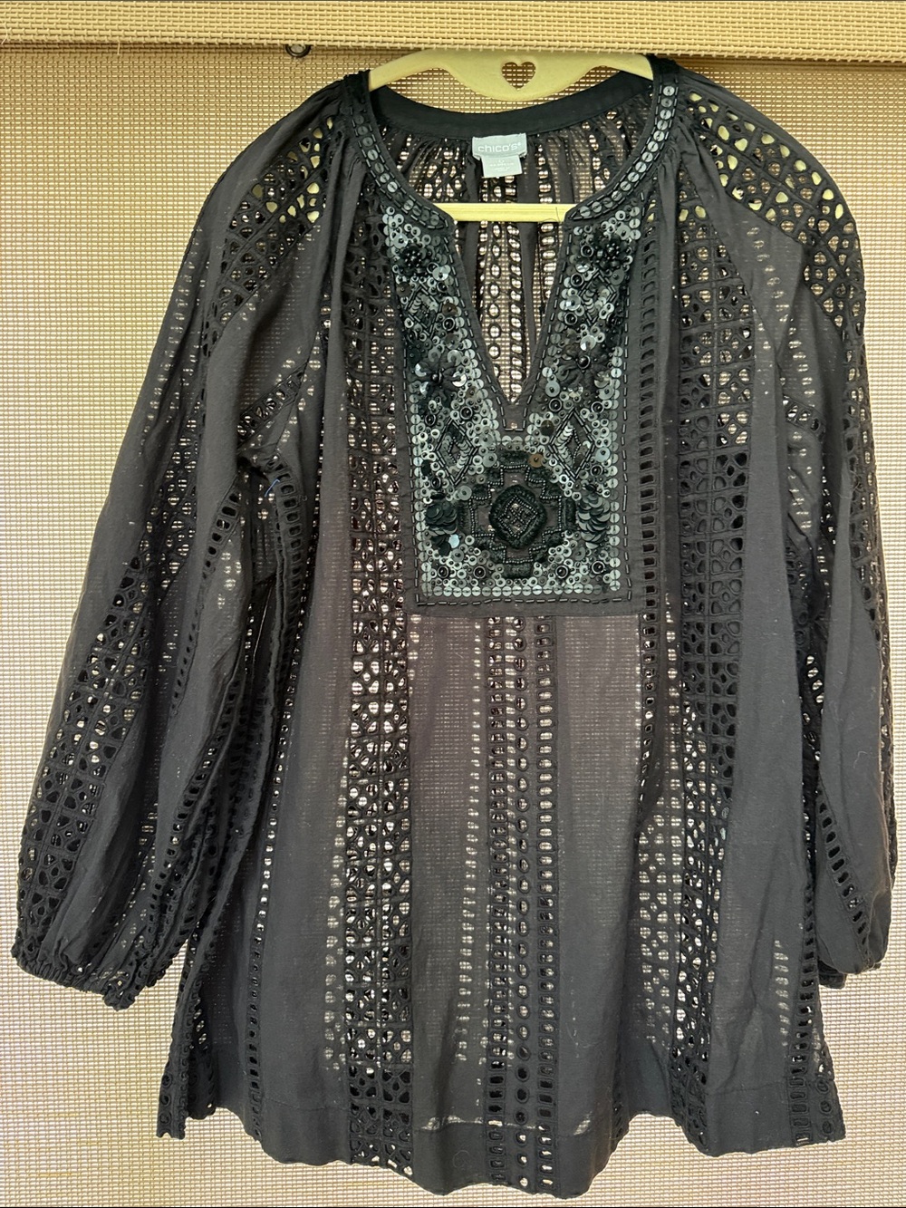 Chico's Black Eyelet Tunic with Embellished Front Panel